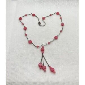 Vintage Pink Quartz Beaded Pendant 18'' Necklace‎ Sterling 925 Silver 9g Patina